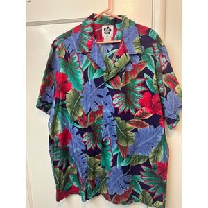 Hilo Hattie Mens 2XL Hawaiian Shirt Made in Hawaii Tropical Floral Hibiscus Blue